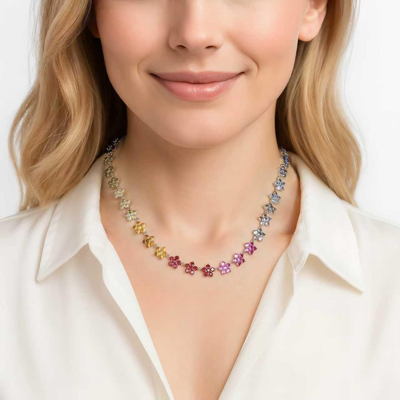 Rainbow Daisy Tennis Necklace for Women, 18" Ombre CZ Flower Choker, Multicolor Cubic Zirconia Floral Chain in Brass, Dainty Color-Gradient Necklace - Image 2