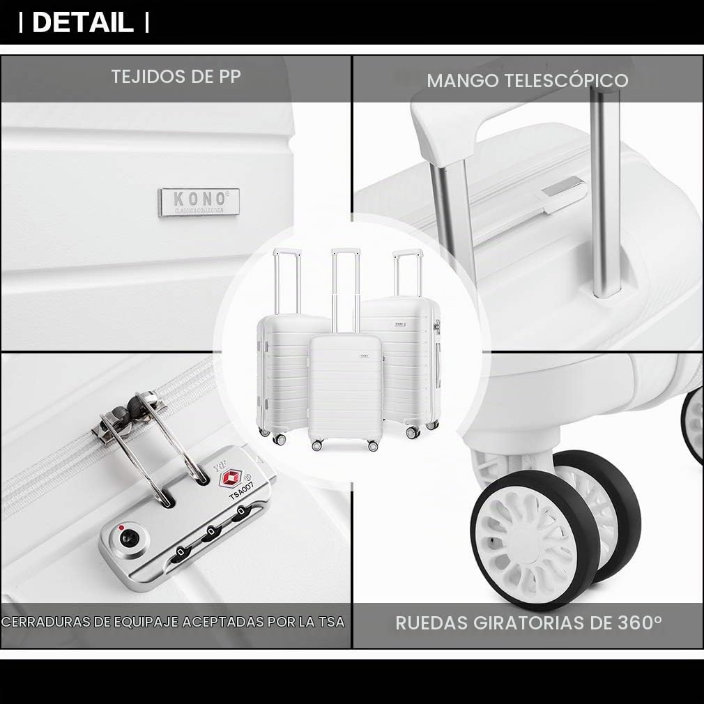 Kono Maletas de Viaje Cabina 4 Ruedas Equipaje de Mano Ligero de Polipropileno Maleta Mediana TSA con Cremallera Maletas Cabina Rígida 65CM 66L (Blanco)