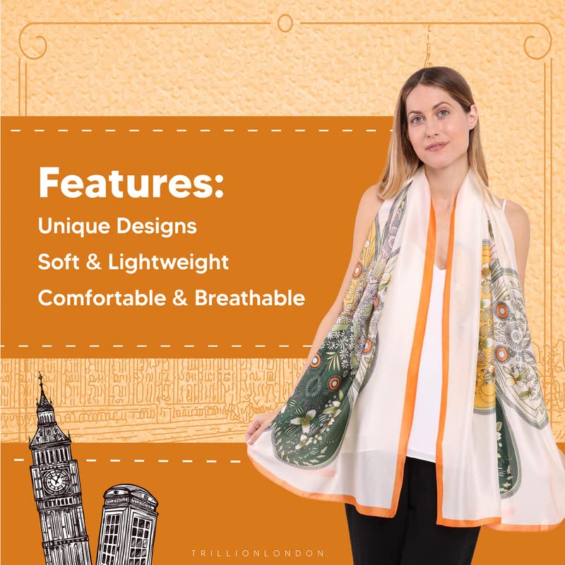 Image of Trillion London Spring Collection | Designer Silk Scarf For Women UK | Lightweight Neck Scarves | Shawl Wraps | Suitable for Daily Life | Smooth & Soft Finish | Gift for Women | Size-180cm x 90cm