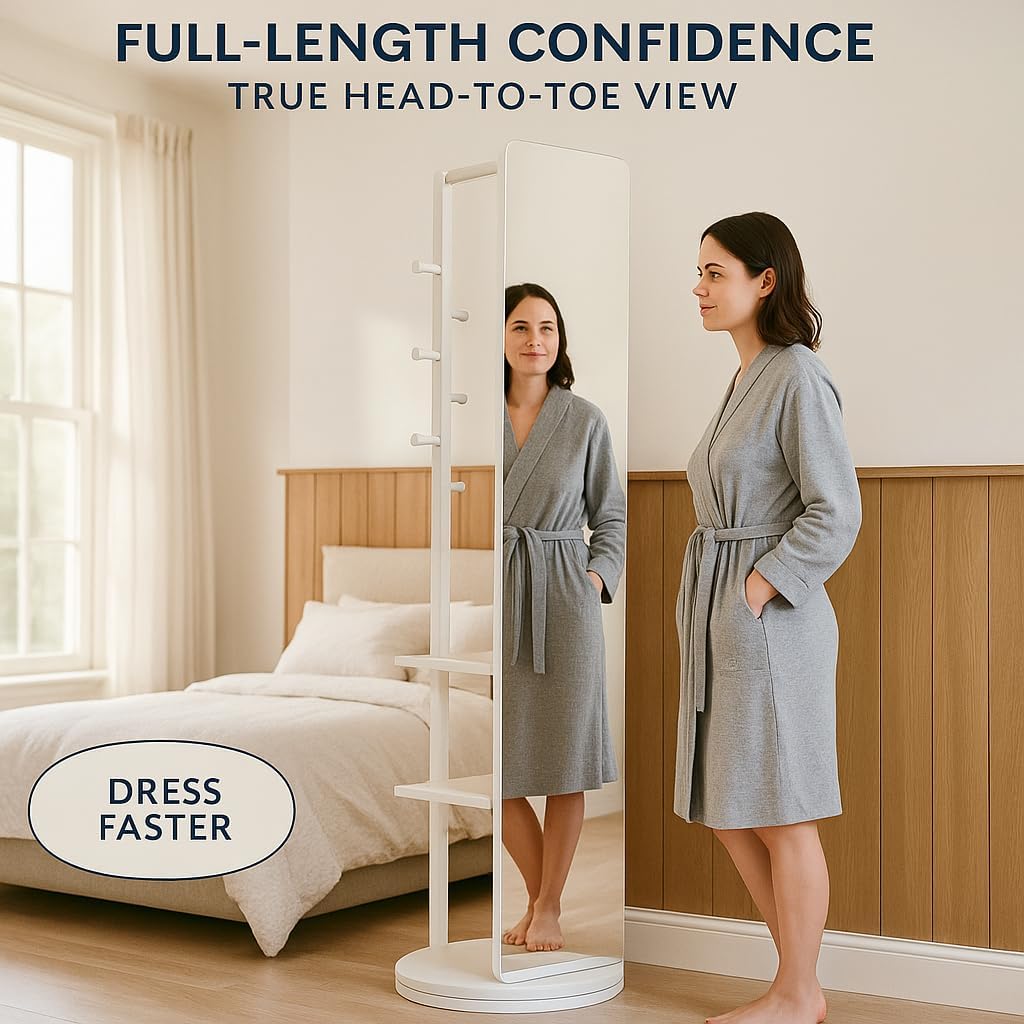 3-in-1 69" Rotating Dressing Mirror with Coat Rack and Shelves – Freestanding Full Length Mirror with Storage for Bedroom Closet Entryway (White)
