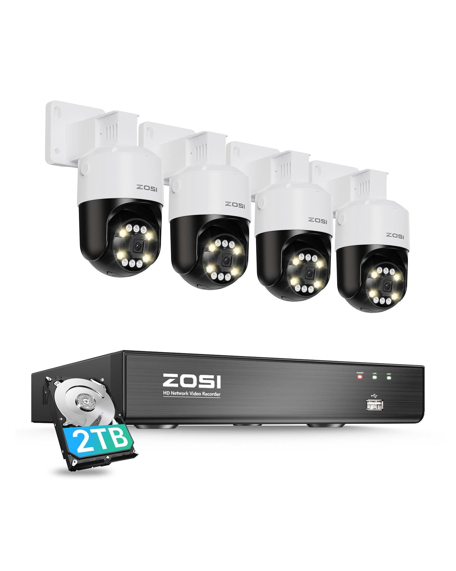 ZOSI 5MP Kit Videosorveglianza PoE Esterna, 4x Telecamera PTZ, NVR a 8 Canali con 2TB HDD, Rilevamento di Persone/Veicoli, Pan 355°/Tilt 140°, Audio Bidirezionale, Allarme Intelligente, Accesso Remoto