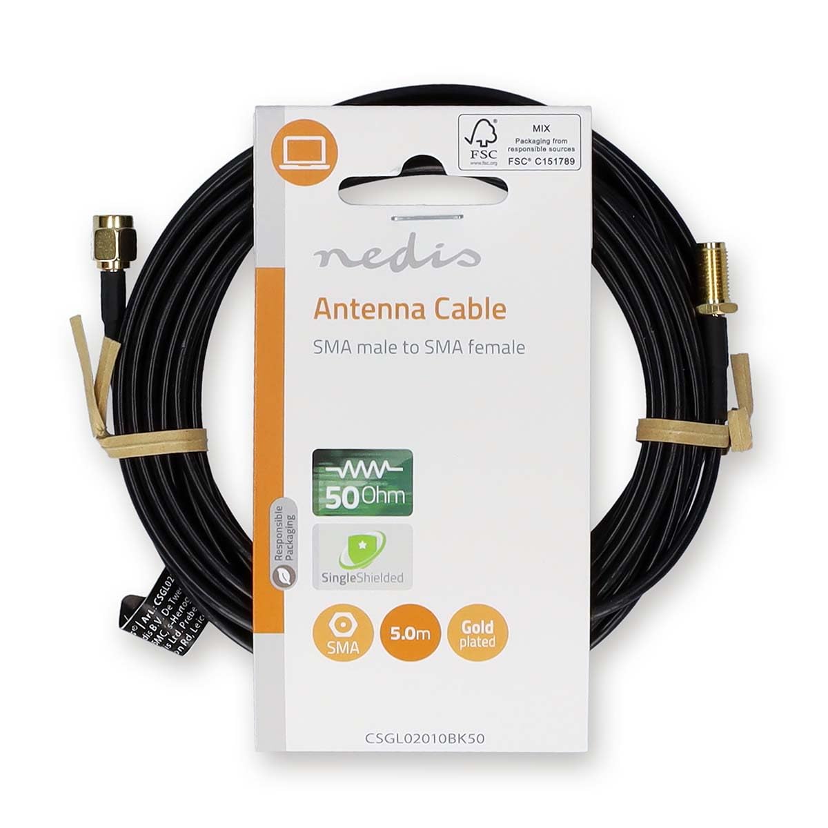 NEDIS Kabel antenowy | wtyczka SMA | gniazdo SMA | pozłacany | 50 omów | pojedynczo ekranowany | 5,00 m | okrągły | PCW | czarny | worek plastikowy