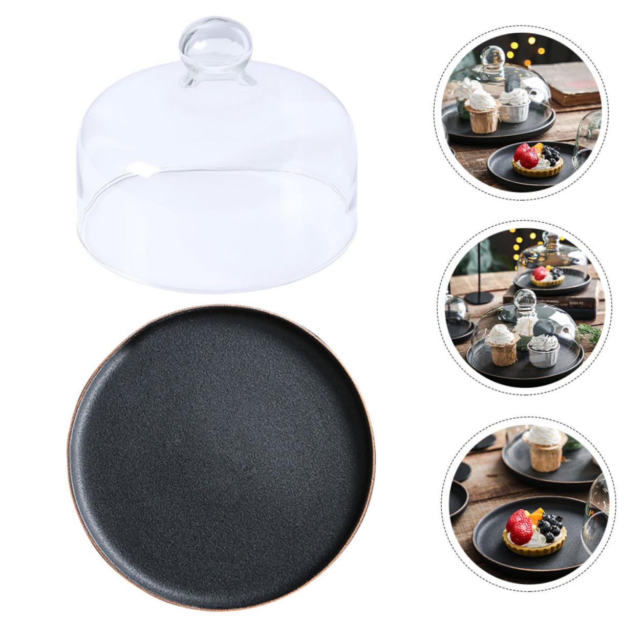 NOLITOY Bandeja de Cerámica para Tartas con Tapa de Cristal Negra