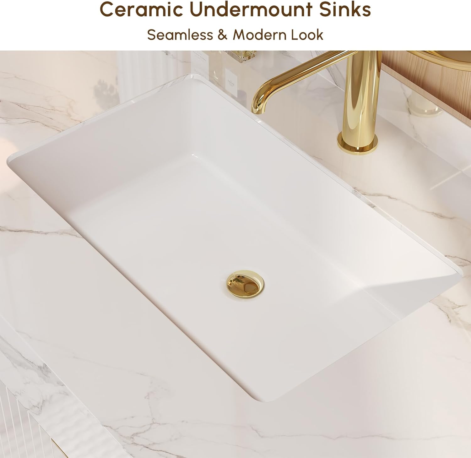 Bathroom Vanity with Sink, Modern Bathroom Vanity with Faux Marble Top, Gold Hardware & Soft-Close Drawers for Bathroom Storage (35.4 Inch, White, Single Sink & Floating)