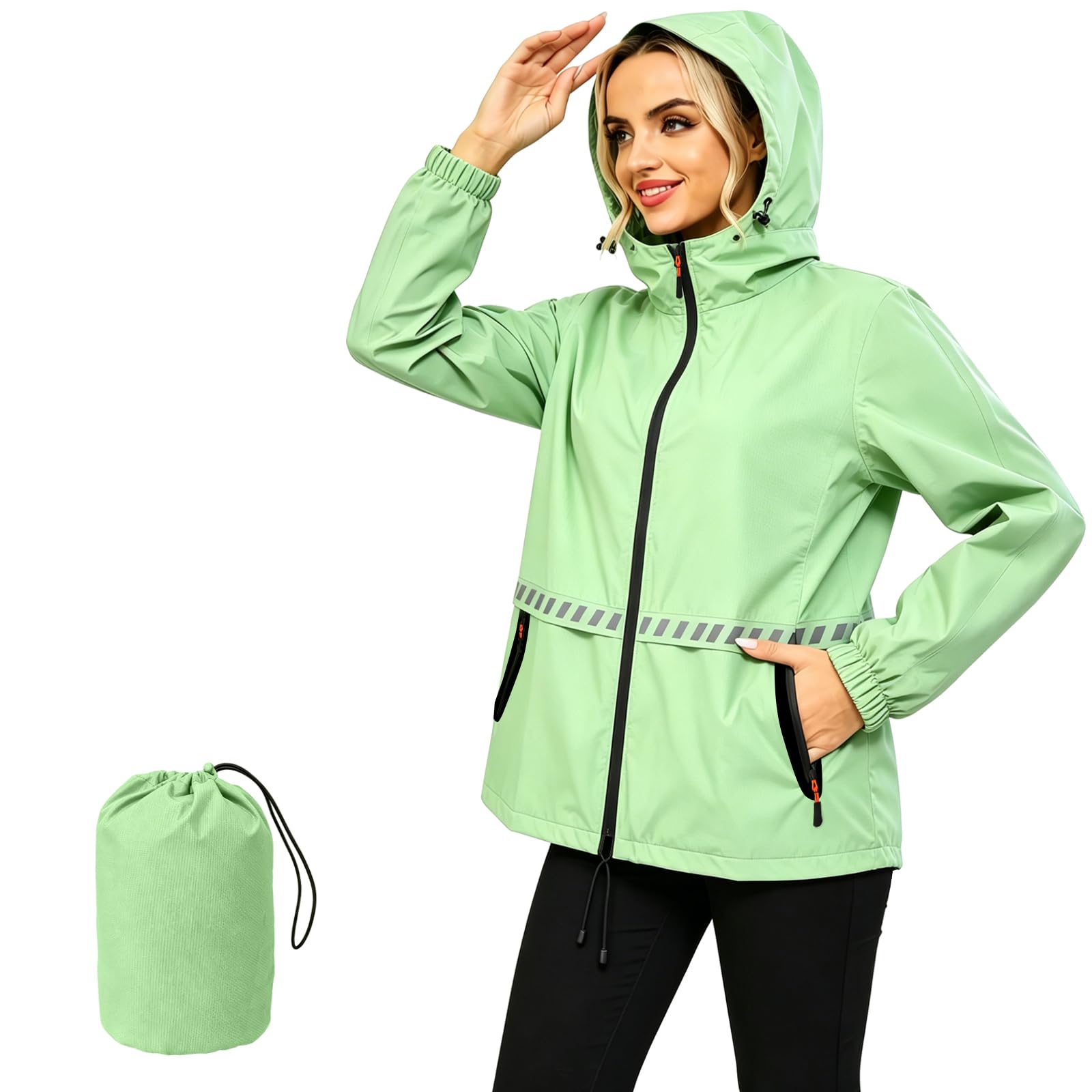 Wudeui Women's Green Waterproof Rain Jacket For Lightweight Packable Raincoat With Hood For Outdoor Golf Hiking Travel Windbreaker
