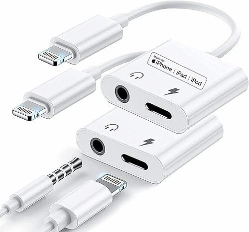 [Certificado MFi de Apple] Adaptador de conector de auriculares Lightning a 0.138 in 2 en 1 AUX Audio+Charge iPhone Splitter Adaptador de