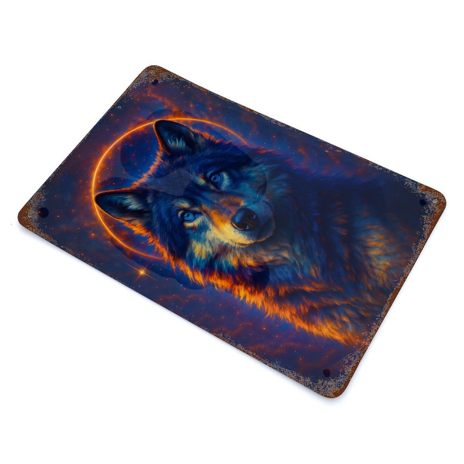Decorative Tin Sign Celestial Wolf Portrait 11.8"x7.9", Vintage Wall Decor for Pub, Kitchen And Man Cave Decor