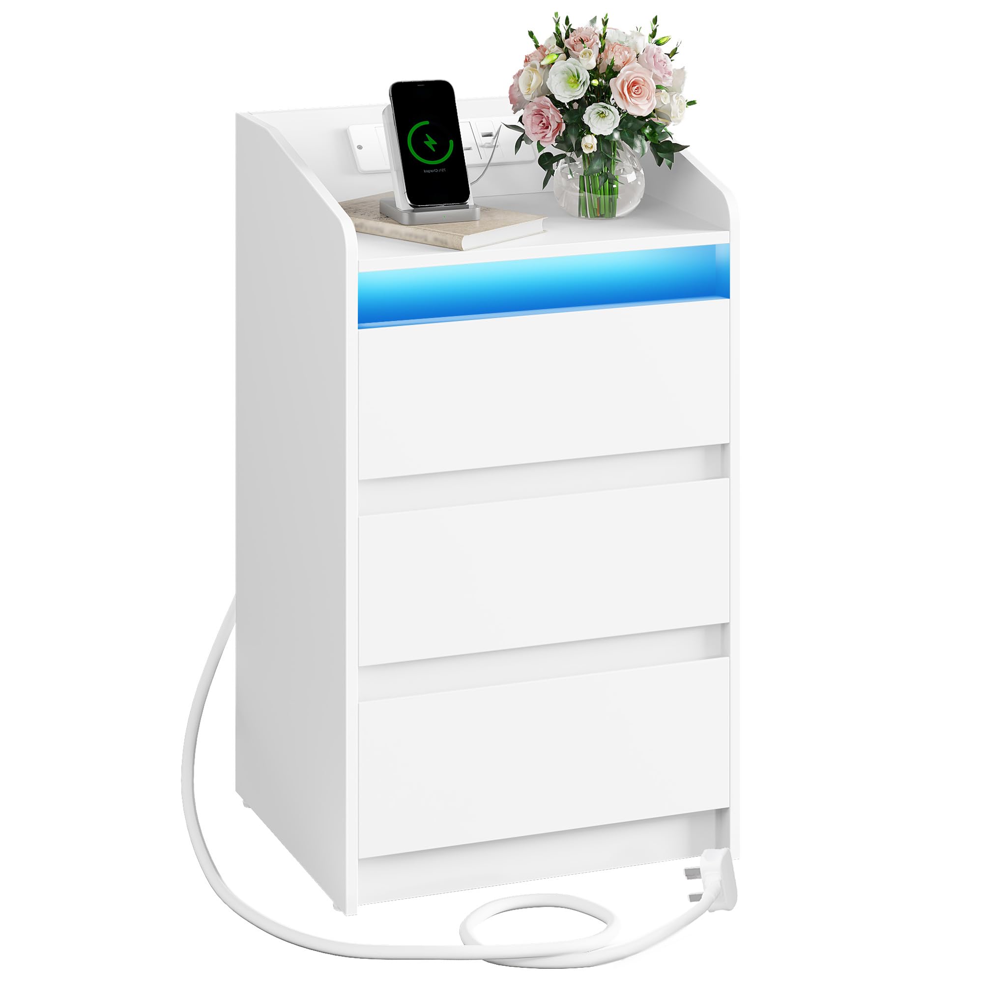 Hzuaneri Bedside Table with 3 Drawers, Bedside Cabinet, Side Table with Charging Station and LED, 2 AC and 2 USB Ports, Nightstand for Bedroom, Living Room, End tables, White NS40003XUK