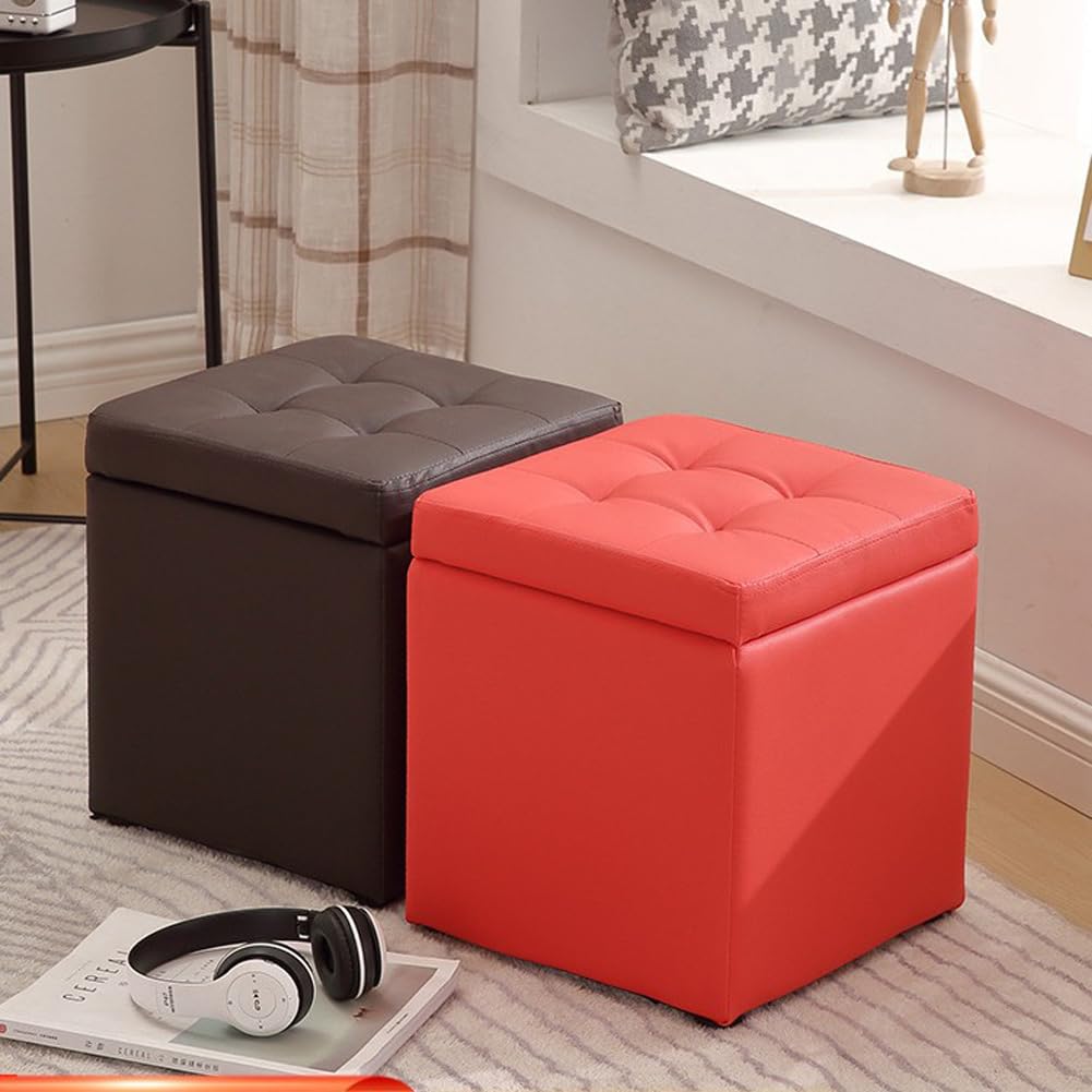 Otomana Cuadrada de Almacenamiento de Piel sintética marrón de 30x30x35 cm, Taburete reposapiés tapizado con Tapa abatible y Asiento Acolchado de Espuma Gruesa para soluc