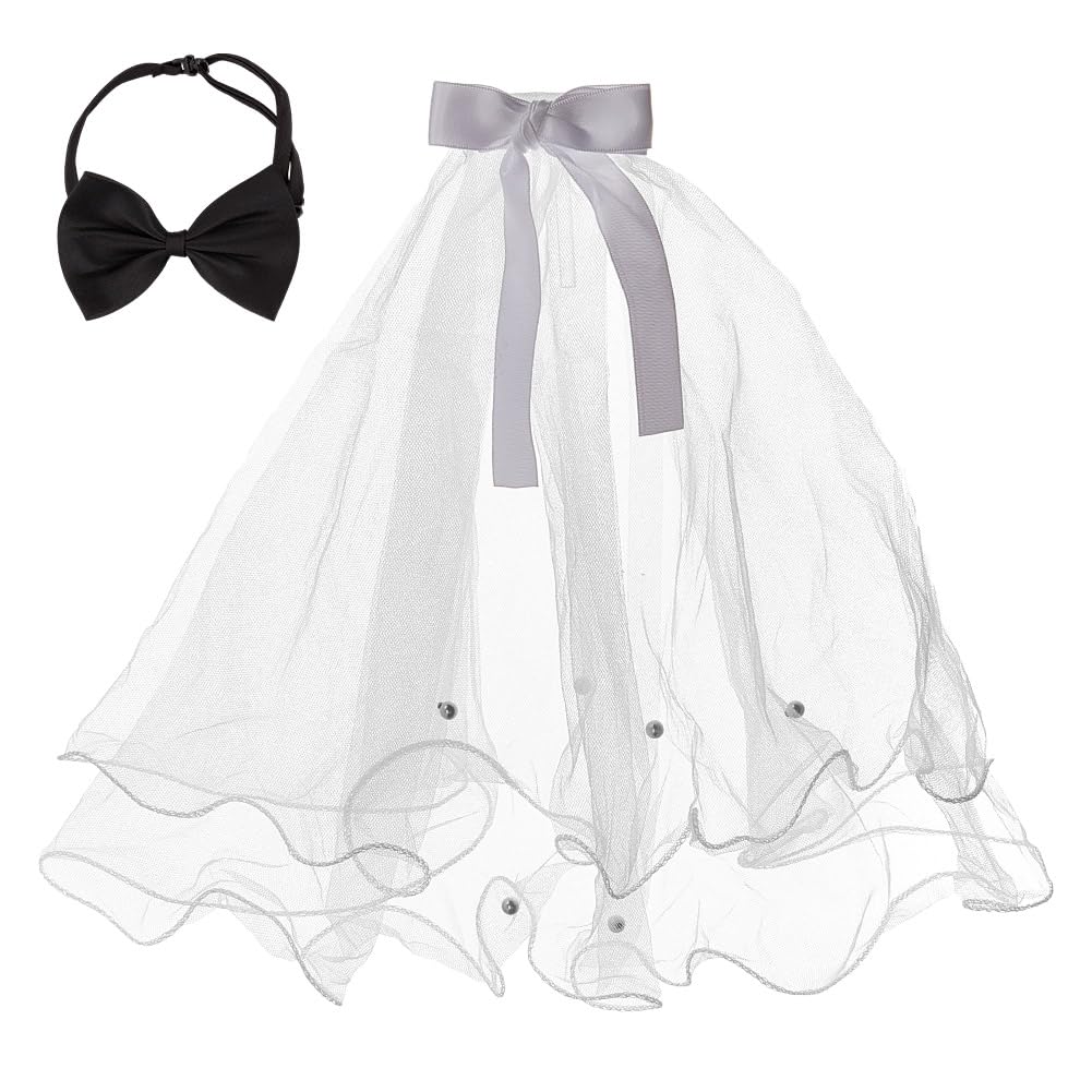 DELORIGIN Dog Wedding Veil & Collar, Adjustable Dog Bridal Dress Veil with Clip, Pets Bridegroom Bowtie Collar