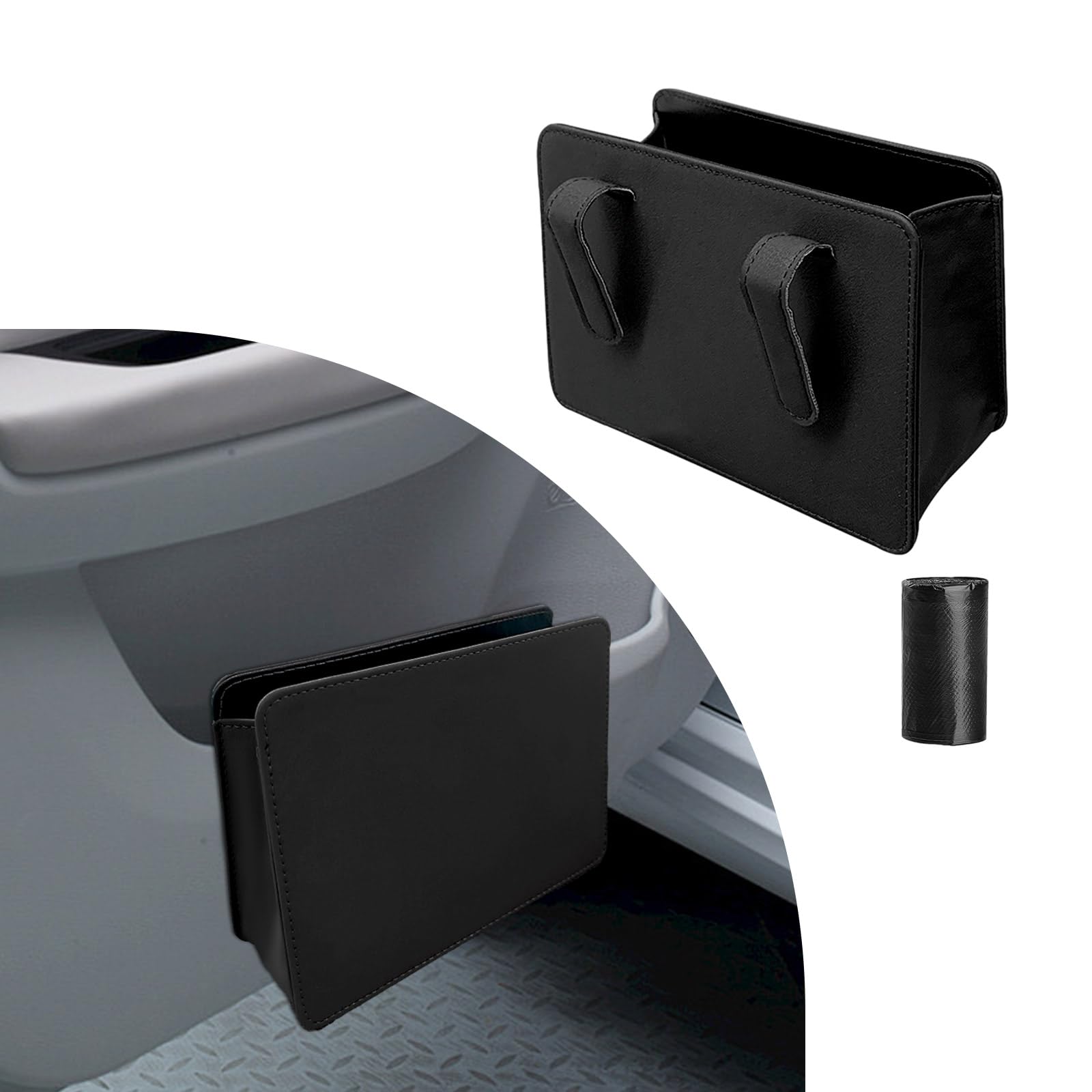 Car Trash Can, Foldable Waterproof Leather Dustbin Garbage Organizer Holder with One Roll Trash Bag, Mini Multifunctional Auto Storage Bag Container for Most Vehicles (Black)