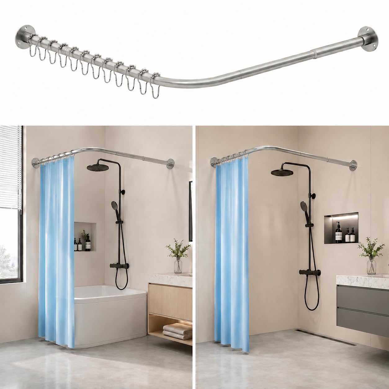 Barra de cortina de ducha de acero inoxidable 304 Premium en forma de L, color plata, montaje sin taladrar ni taladrar, barra de ducha ajustable en esquina (60-135 x 60-135 cm) inoxidable, con 12