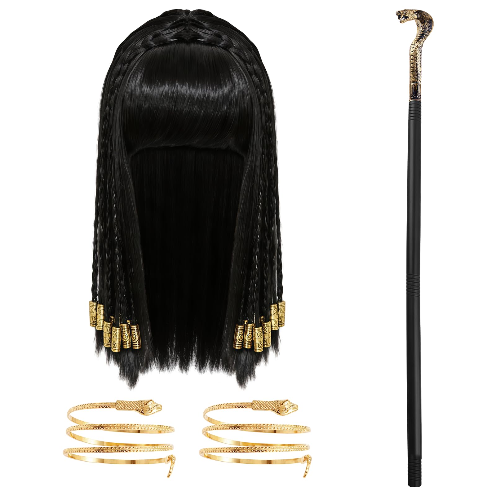 XNHIU 4 Pieces Cleopatra Fancy Dress Set Snake Upper Bracelets Snake Sceptre Cleopatra Gold Beads Scorpion Wig for Halloween Cosplay
