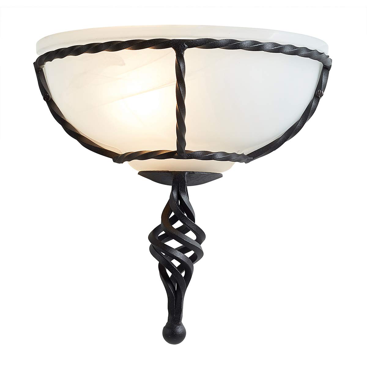 Wall Light - Sconce - Twisted Wrought Iron - Opaque Glass Shade - Iron Scroll Finial - Black - LED E27 60W Bulb