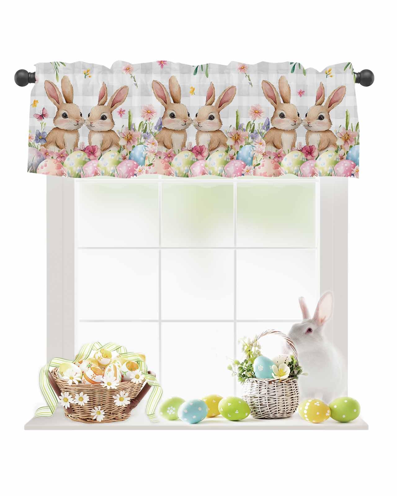 BEMIGO Easter Cute Bunny Curtain Valances for Windows, Light Filtering Window Curtains Decorations Colored Egg Grey Plaid Valance Curtains for Kitchen Cafe Bedroom Living Kid Room Decor 54x18in