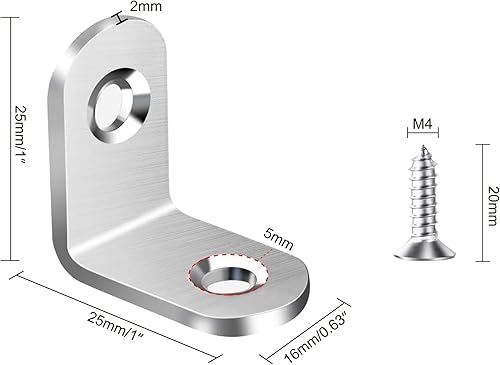 Miniatura 2 de 20 soportes de esquina de acero inoxidable en L, 0.984 in x 0.984 in (1 x 1 pulgada), fijación de soporte de esquina en forma de L, soporte de