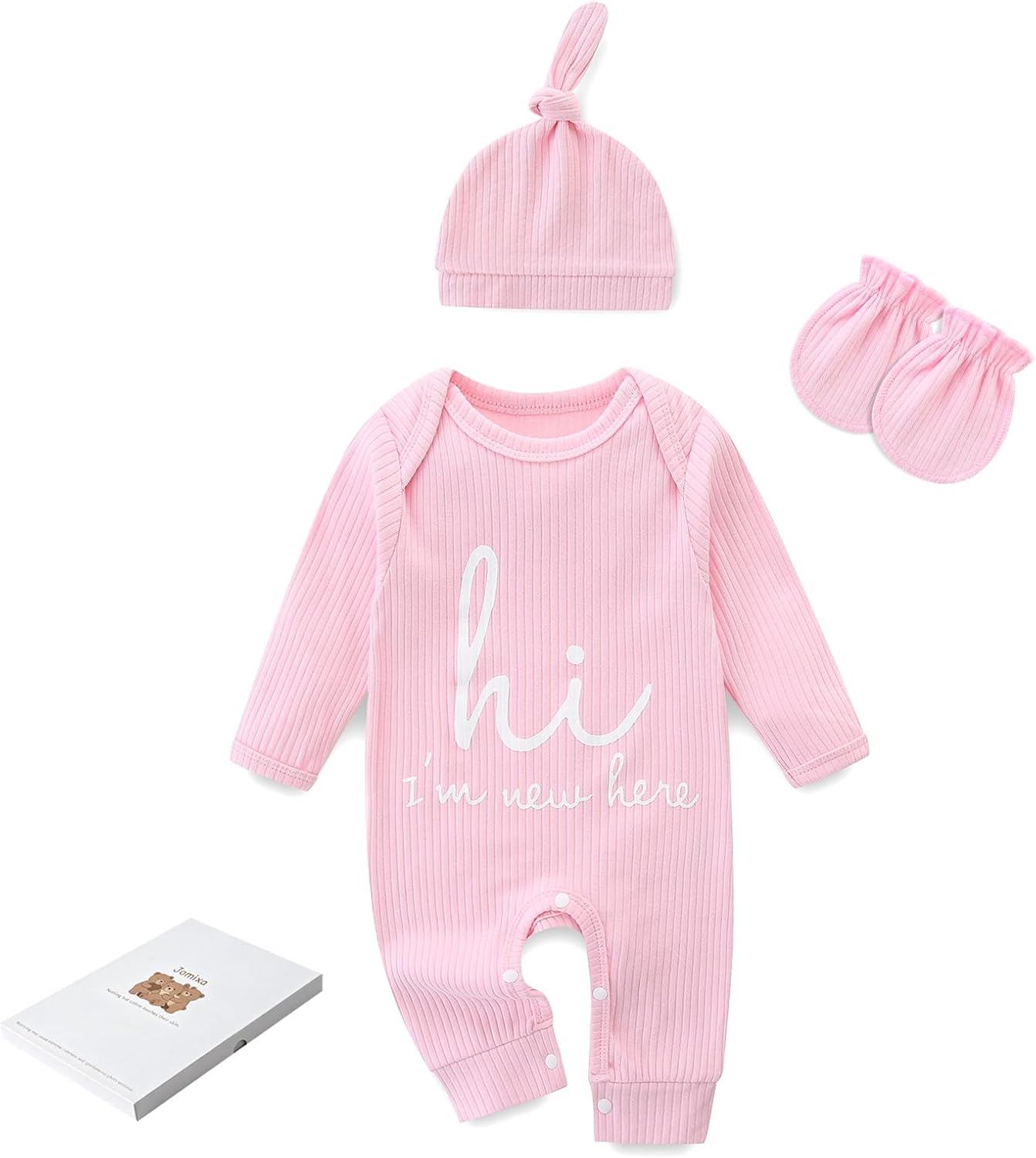 Newborn Girls and Boys Romper, Hi I’m New Here Long Sleeve Cotton Baby Clothes, Coming Home Outfit with Gift Box
