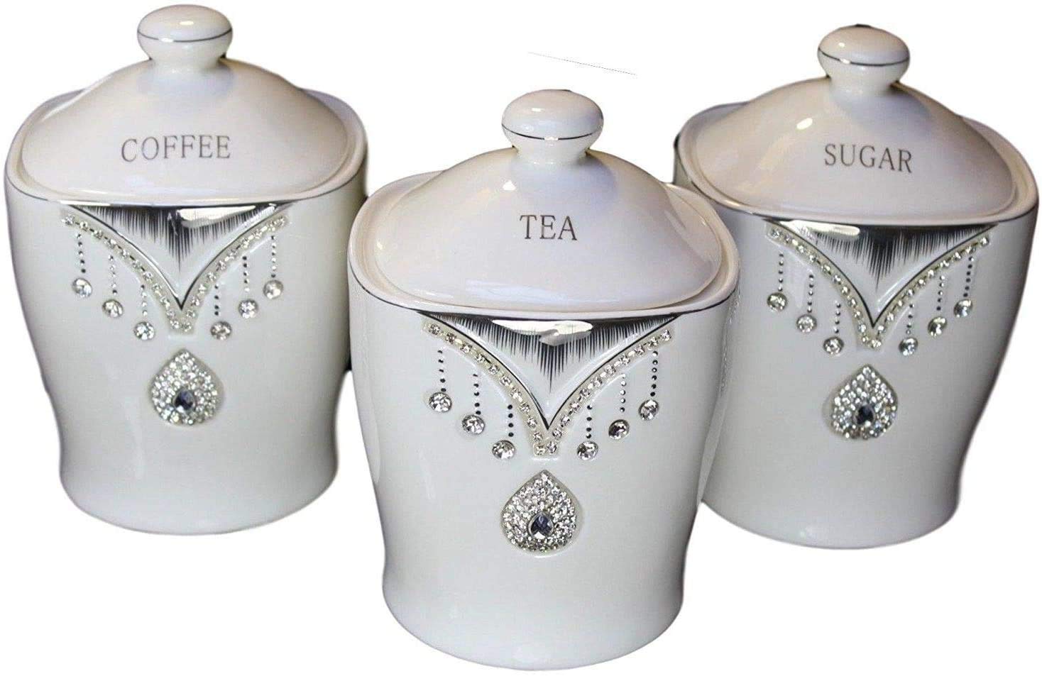 Tea Sugar Coffee Canister JAR Storage Set of 3 with Sparkling Crystal Diamante Elements (White)