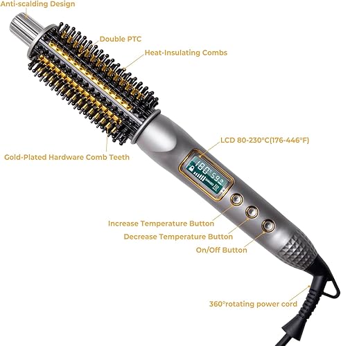 Miniatura 9 de Cepillo térmico, cepillo redondo calentado de 1.25 pulgadas, rizador calentado, cepillo voluminizador, peine iónico de cerámica chapada en oro,