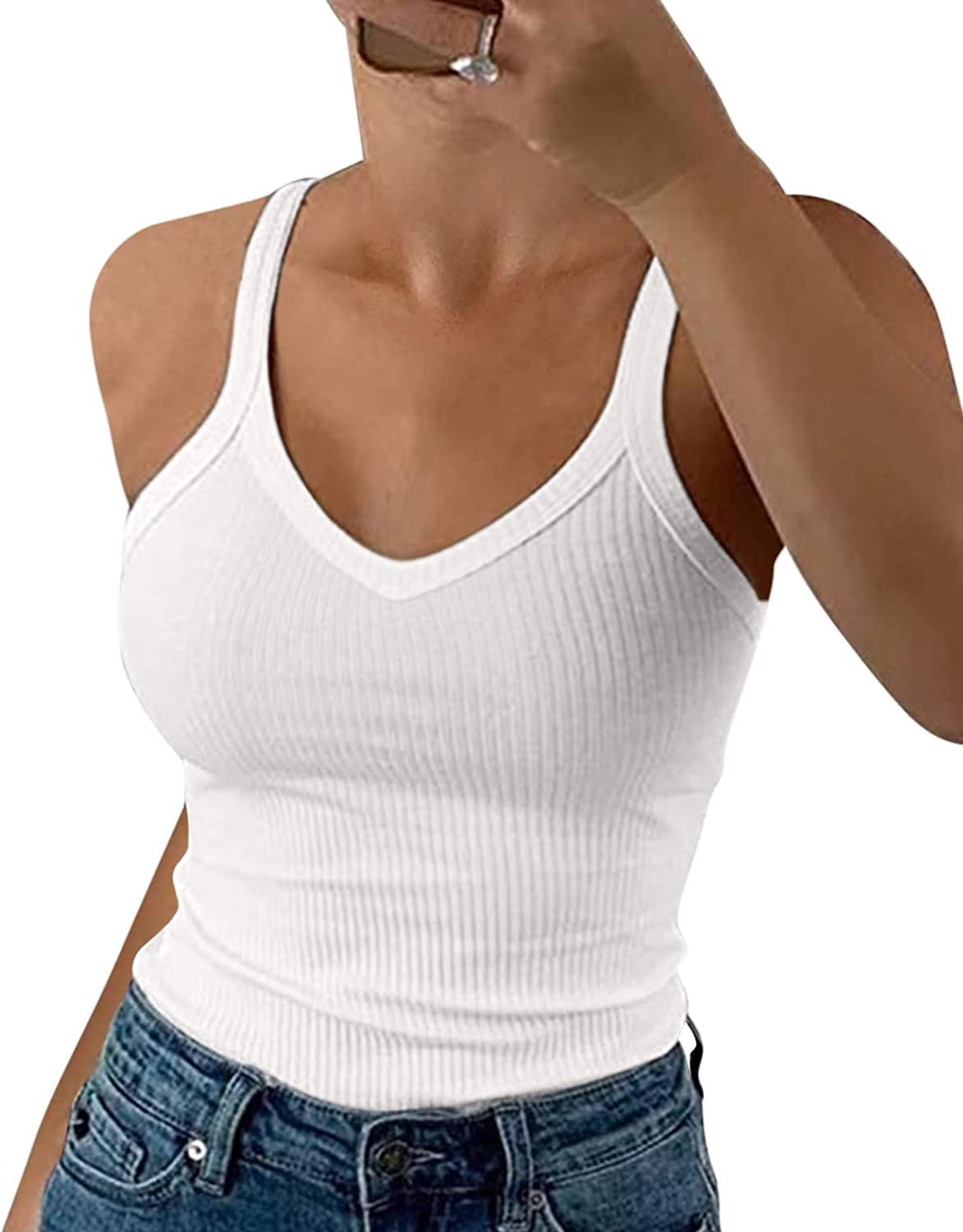 Wenrine Damen Spaghetti Tops Sexy U-Ausschnitt Tank Top Sommer Gerippt Tanktop Slim Fit Einfarbig Camisole