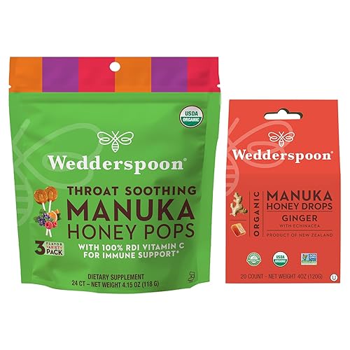 Wedderspoon Paquete variado de paletas de miel de manuka orgánica (24 unidades, paquete de 1) y gotas de miel de manuka jengibre y equinácea (20