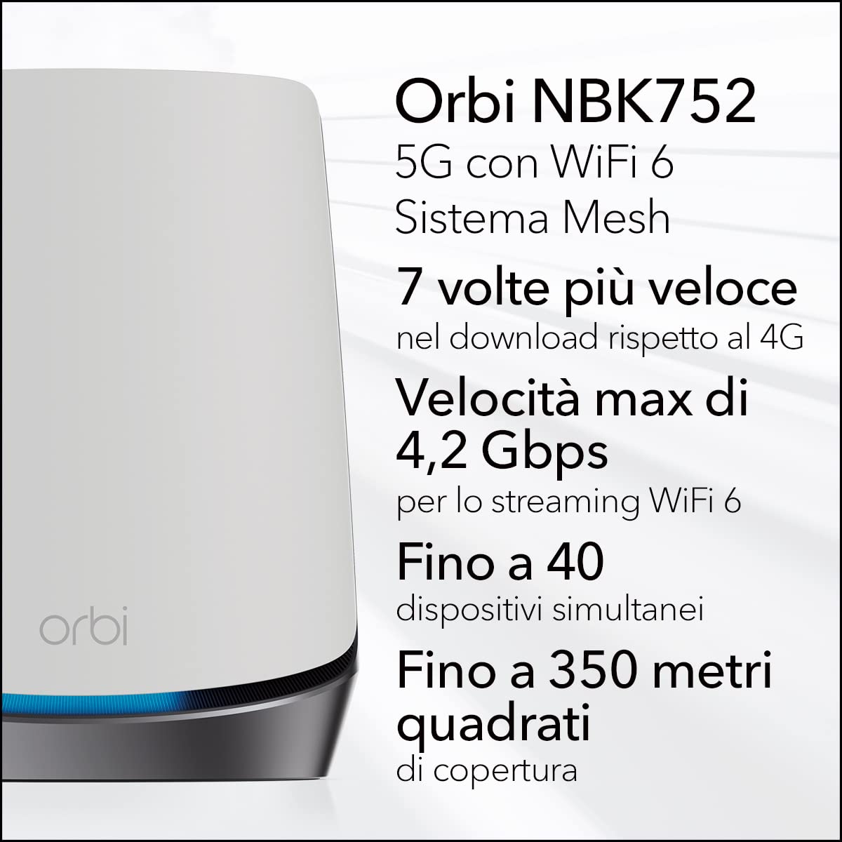 NETGEAR Orbi Router NBK752 5G, Sistema WiFi 6 Mesh, Router con 1 estensore satellitare, Copertura fino a 5.000 piedi quadrati, 40 dispositivi, AX4200, fino a 4,2 Gbps