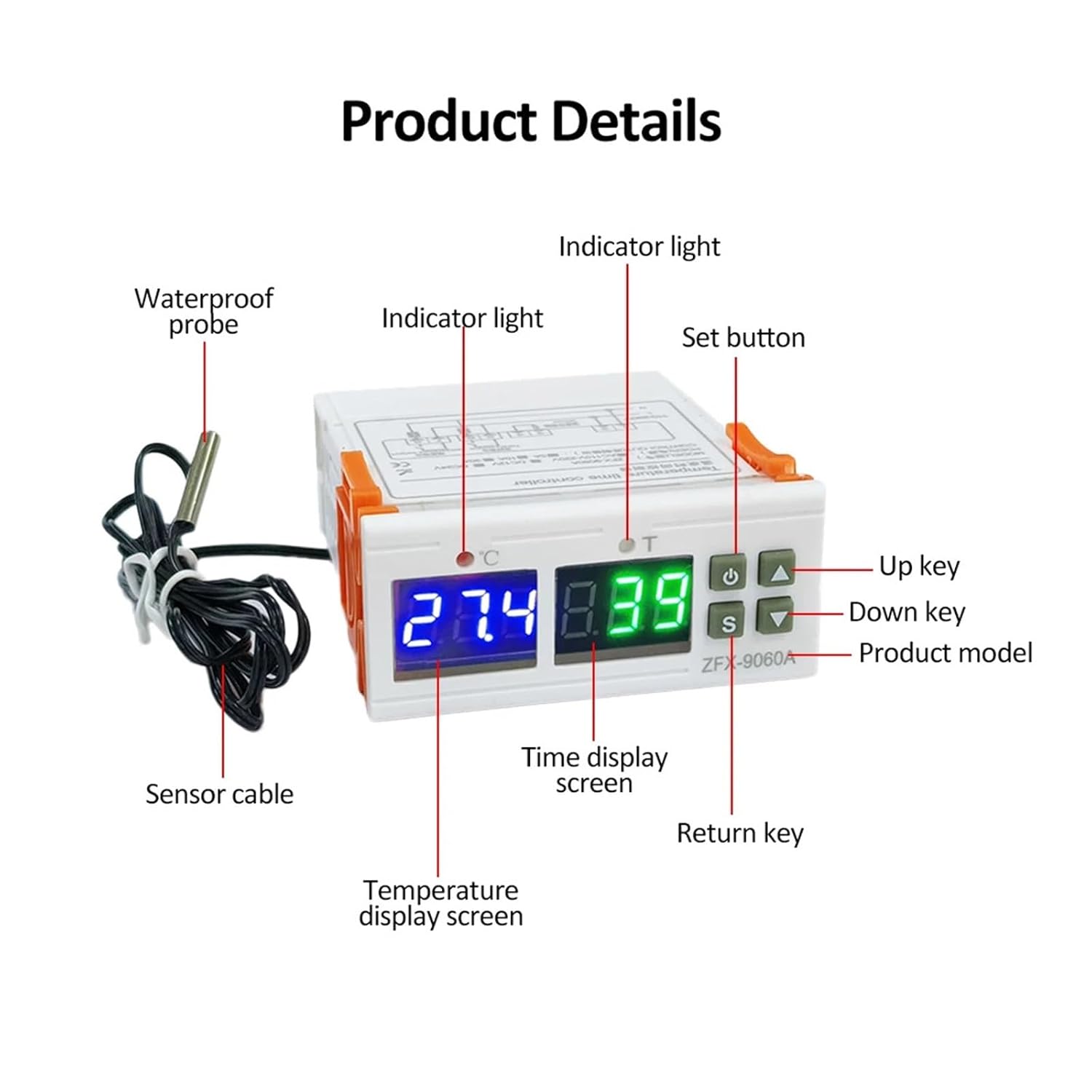9060A Digital Temperature Controller Regulator DC 12/24V/AC110-220V 10A Timing Thermostat Heating(AC110-220V 10A)