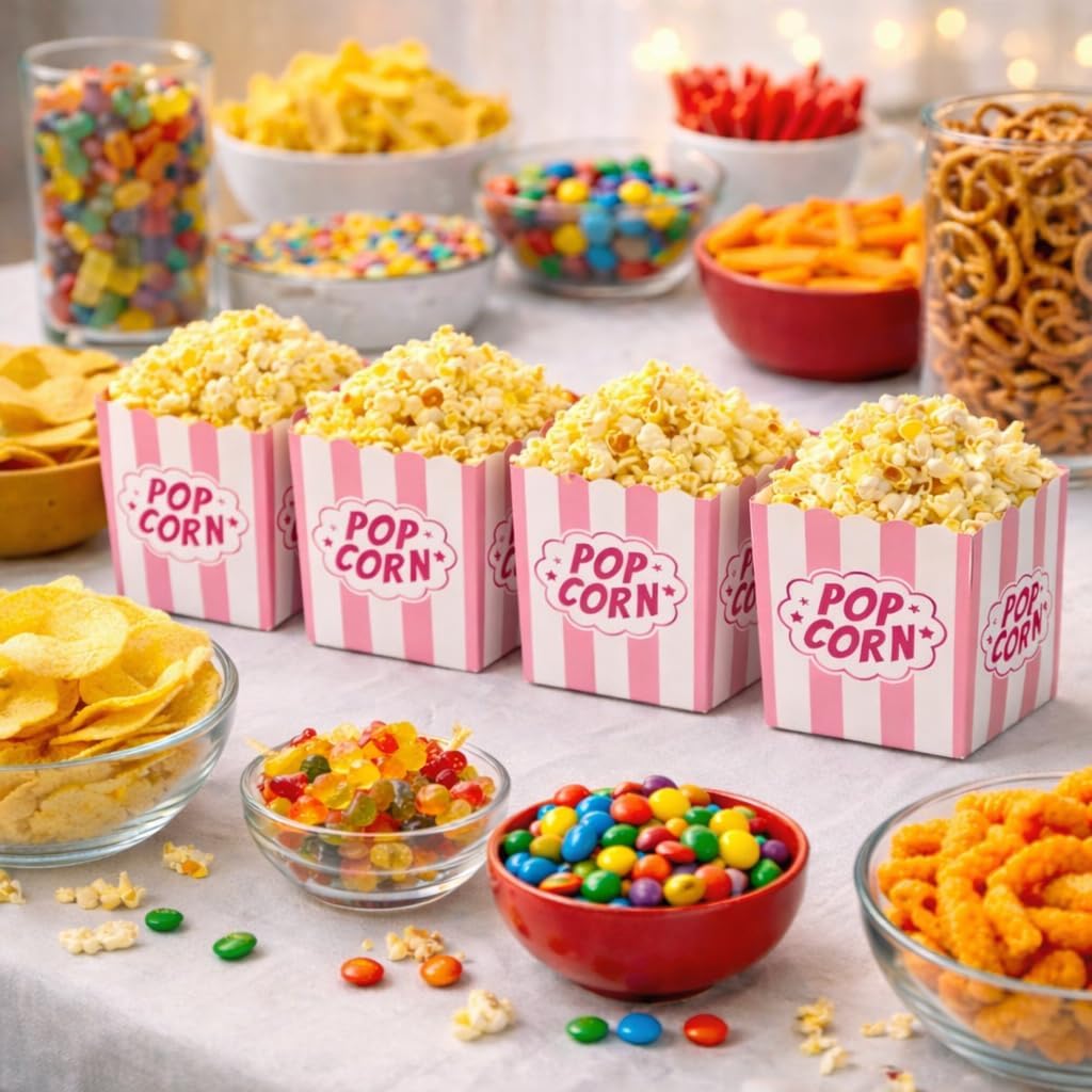Mini Popcorn Boxes for Parties, 100 Pack – 3×4 Inch Pink & White Striped Popcorn Bucket Boxes, Snack Bowl Containers for Movie Night, Candy Bar, Birthday & Events