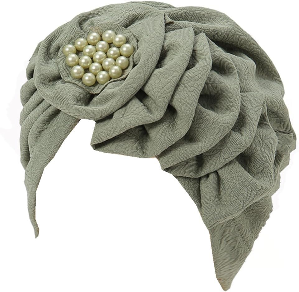 YYAOJHAO Women Turban Flower Caps - Elastic Beaded Solid Headwrap Chemo Beanies Cancer Headwear Hats for Hair Loss Cover