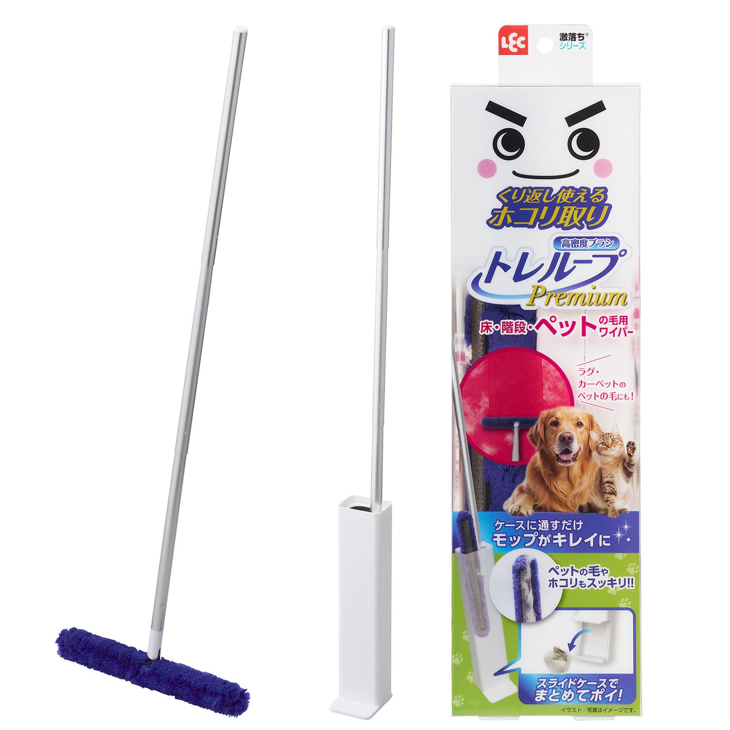 レック 激落ちくん 高密度ブラシ トレループ Premium (床・階段用タイプ ・ ペットの毛用) くり返し使える ホコリ取り/ケースに通すとモップがキレイに/スライドケースでホコリをまとめて捨てられる