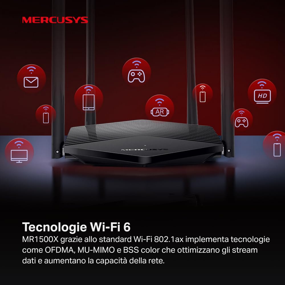 Mercusys TP-Link MR1500X AX1500 Router WiFi 6 Dual-Band, Porta Gigabit, 4 Antenne Ad Alto Guadagno, Parental Control, Rete Ospiti, OFDMA, MU-MIMO, VPN,non supporta xDSL