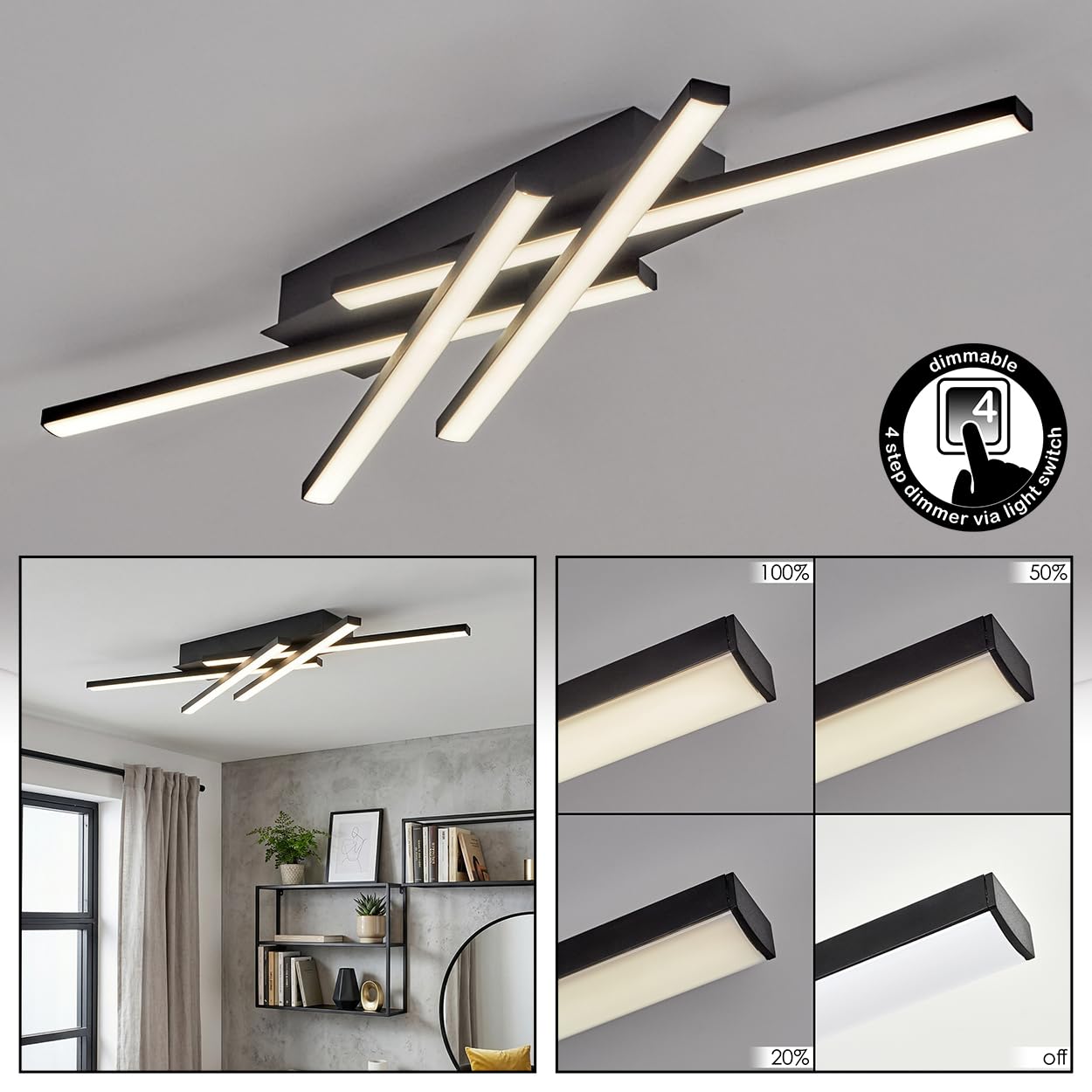 HOFSTEIN Lampa sufitowa LED Velon, ściemniana lampa sufitowa z metalu/tworzywa sztucznego w kolorze czarnym/białym, ściemniana za pomocą przełącznika ściennego, 22,5 W, 2500 lumenów, 4000 K, do