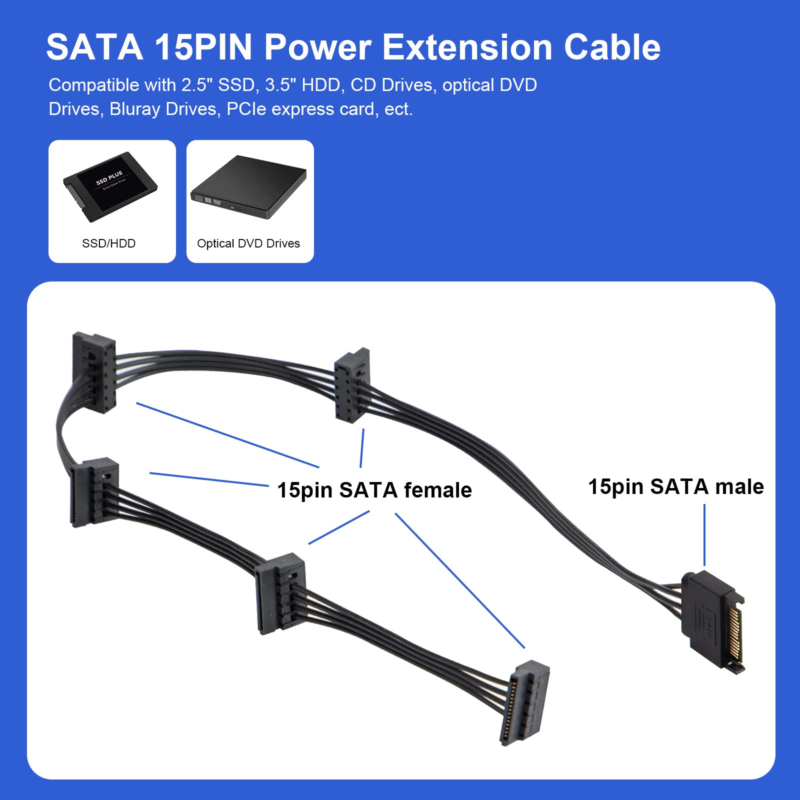 Paquete de 2 cables de extensión de alimentación SATA de 15 pines a 5 SATA para HDD/SSD - 21 pulgadas 3