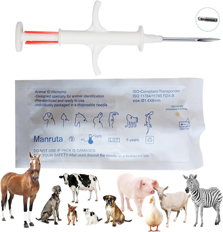 Microchip de Identificação Animal Manruta ISO11784/ISO11785 FDX-B 134,2 kHz 2,12 x 12 mm Pacote com 20