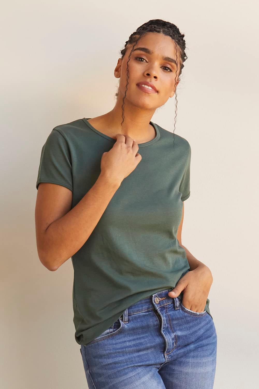 Fair Indigo Women's Luxe 100% Organic Pima Cotton Short Sleeve Jewel Neck Tee - Image 3