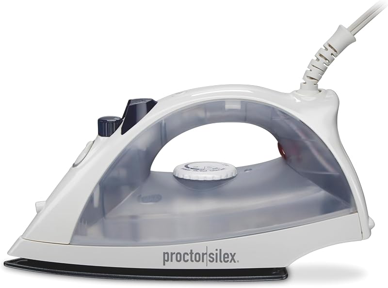 Plancha de vapor Proctor Silex para ropa con ajustes de vapor ajustables | Suela antiadherente duradera | Cable de 8' | Apagado automático | 1200 vatios | Configuraciones ajustables de pulverización y chorro de vapor | Blanco | 17150PS