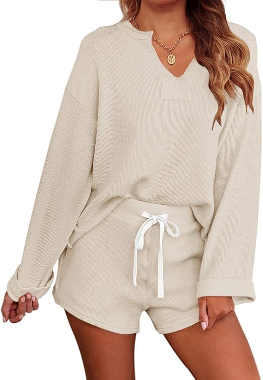 MEROKEETY Women's Long Sleeve Pajama Set Henley Knit Tops and Shorts Sleepwear Loungewear