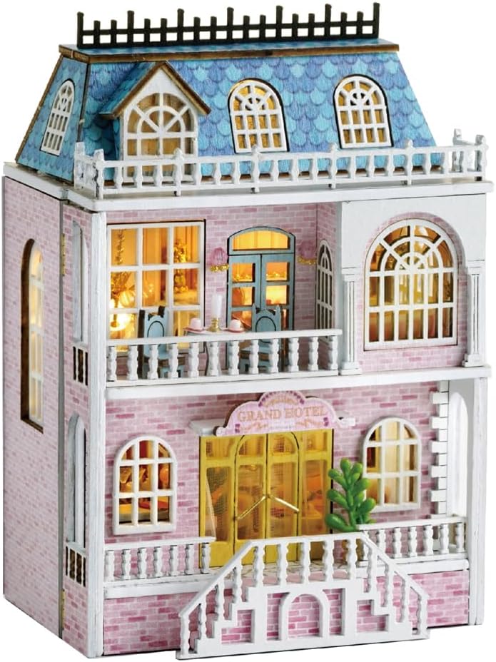 Miniature House Kit, Wooden Doll House Kit Mini House Making Kit with Furnitures and LED Light, DIY House Kit for Adults Birthday Gift for Women and Girls (Romantic Castle)