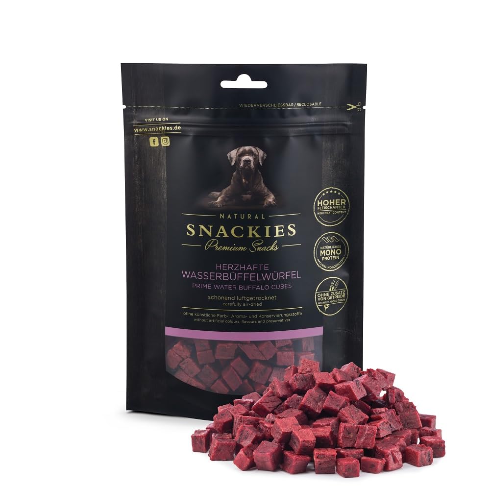 SNACKIES 16er-Pack (à 170g) Hundeleckerli Wasserbüffelwürfel Premium Snacks für Hunde ohne Zusatz von Getreide, Zucker, Farb-, Aroma- und Konservierungsstoffe, luftgetrocknete Leckerli