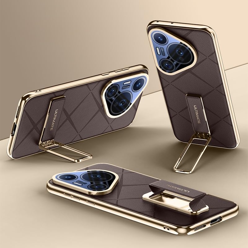 Coque luxe Huawei Pura 70 Pro style business en simili cuir marron finition or