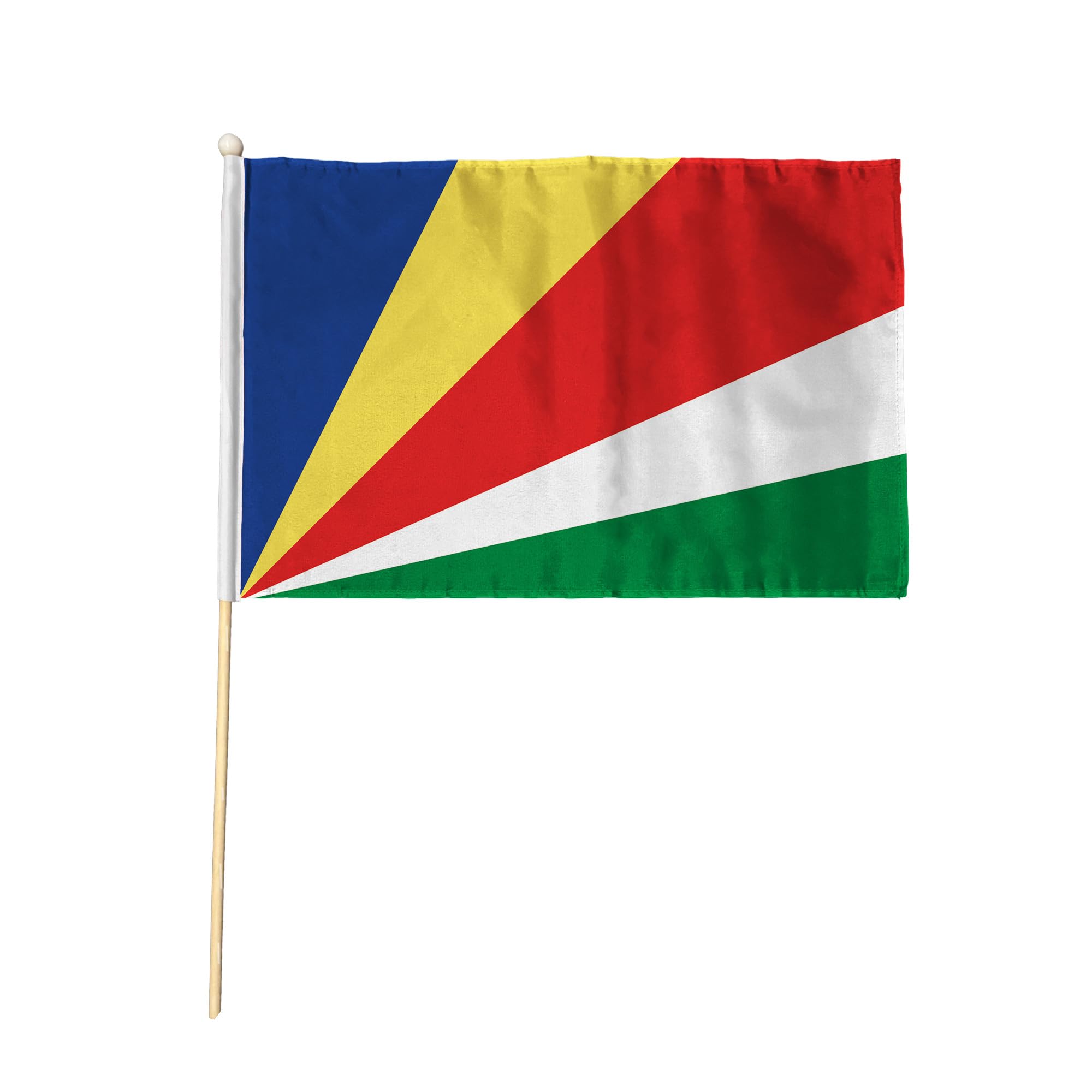 Flagtex Seychelles Pack of 12 Hand Waving Flag (9x6 Inch) - Premium Wooden Stick Hand Flag with Natural Wood Pole Seychellois National Flag for Events Celebrations International Gatherings