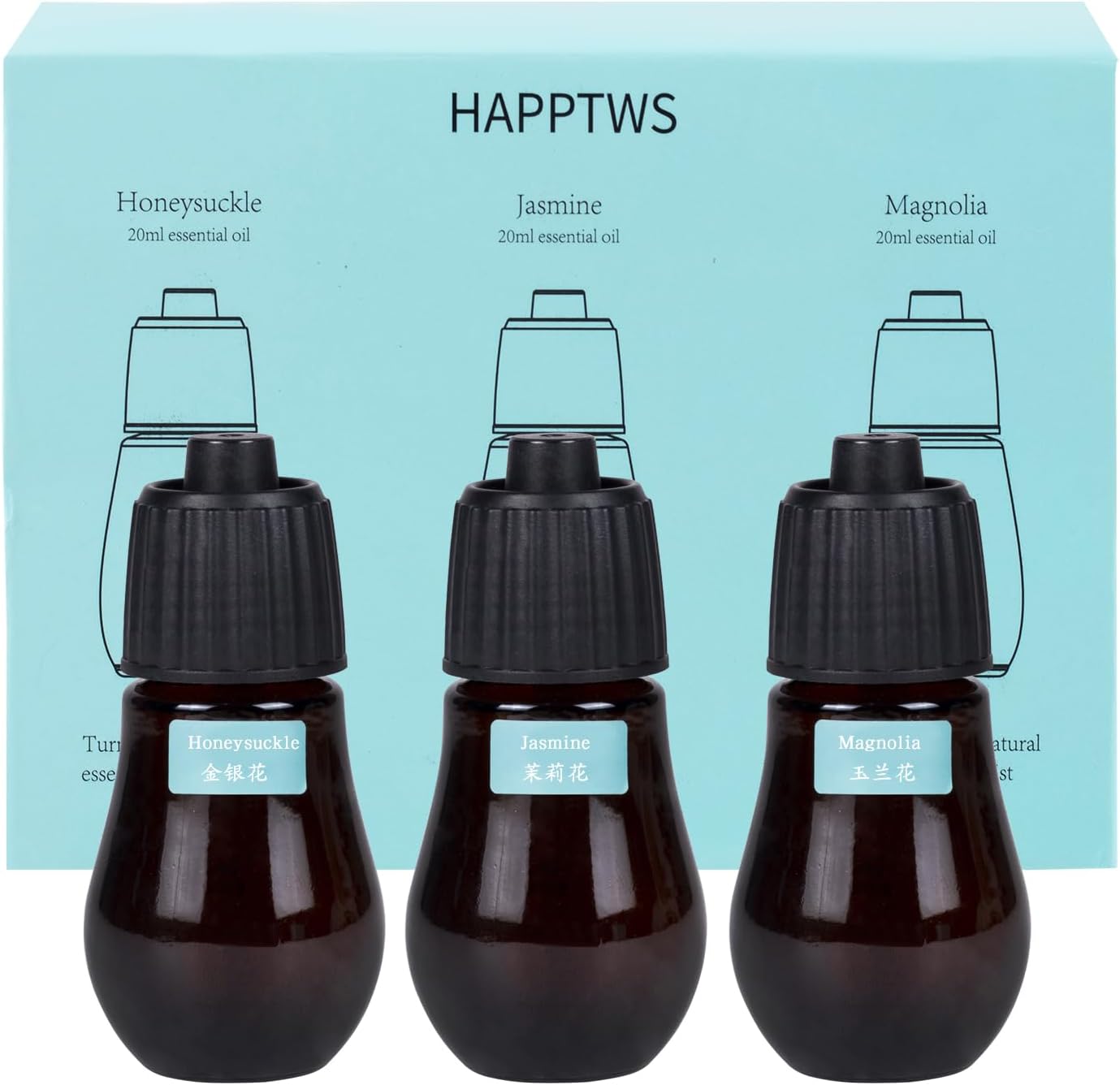 HAPPTWS Essential Oil Set - Honeysuckle, Jasmine and Magnolia Scent Set. HAPPTWS Brand Waterless Essential Oil Diffuser Refill