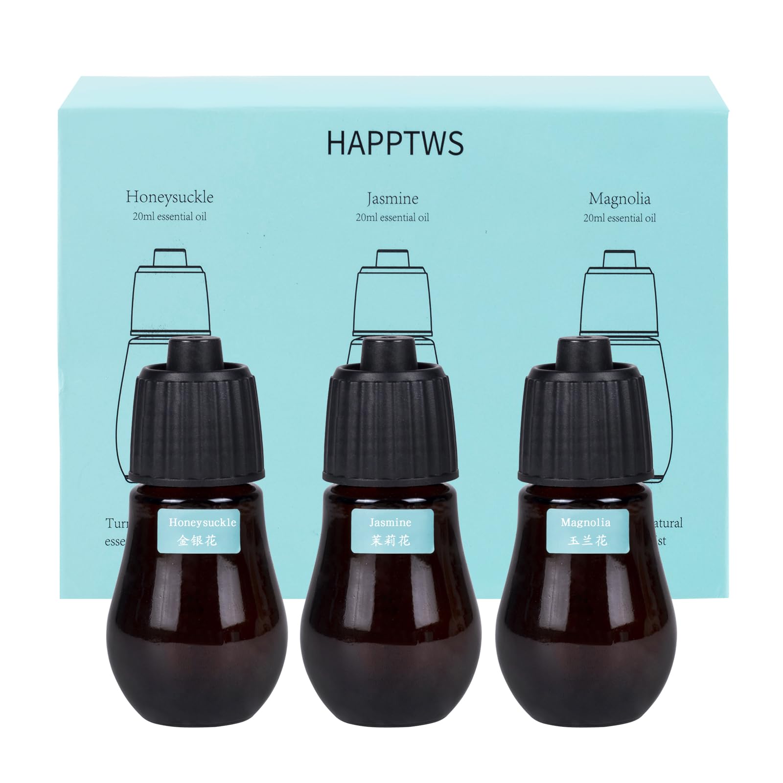 Waterless Diffuser Essential Oil Set, A Set of Honeysuckle, Jasminum Sambac and Magnolia Essential Oils. Compatible with HAPPTWS Brand Waterless Essential Oil Diffuser