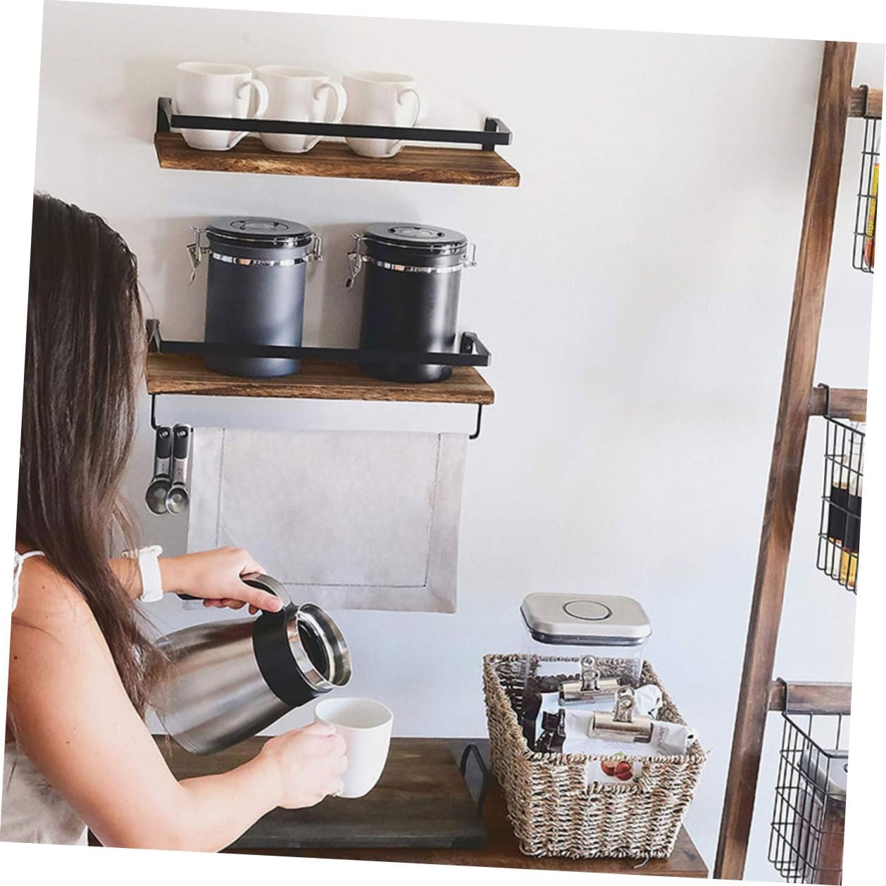 FUOYLOO 2pcs Pine Wood Wall Storage Shelf Set with Hooks, Kitchen and Bathroom Floating Towel Rack Organizer, 40x15x8cm Rustic Hanging Utility Racks for Home Storage