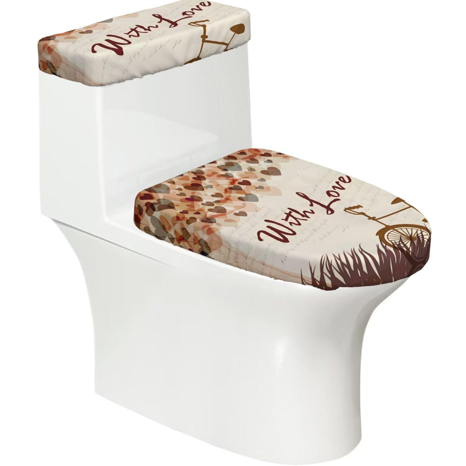 Mrowyc Black Bicycle Under Heart Tree Romantic Printed Toilet Seat Set - Set Of 2 - Universal Toilet Seat Cover - Housewarming Birthday Christmas Gift