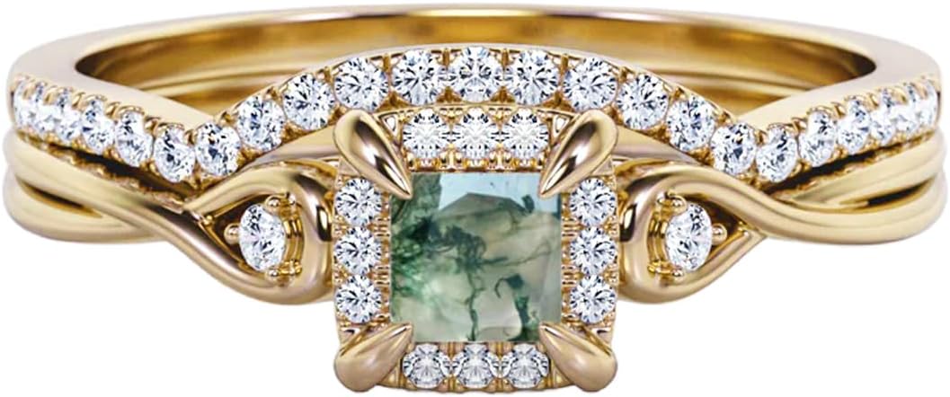 Natural Moss Agate Wedding Ring Set for Women 925 Sterling Silver 10K 14K 18K Gold Bridal Ring Set with 1CT Princess Cut Moss Agate Halo Engagement Ring Set for Women
