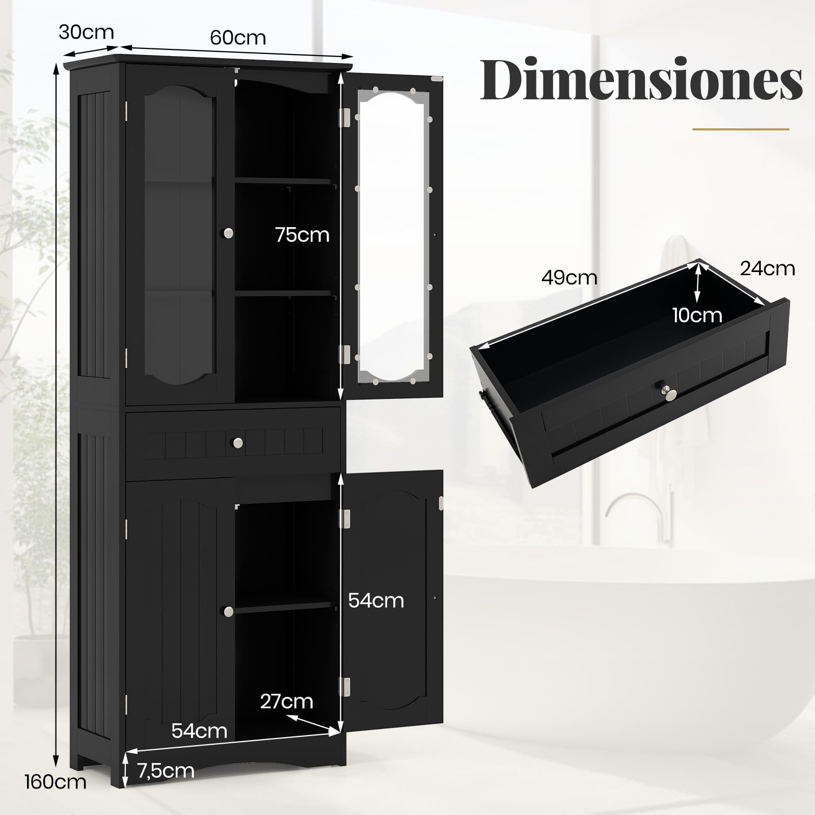 GOPLUS Armario de Baño Alto de 160 CM, Armario de Almacenamiento Independiente con Puertas de Vidrio Templado, Estantes Ajustables y Cajón Grande, Organizador Estrecho para Cocina (Negro)