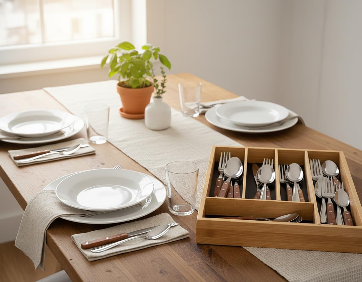 Range Posate in bambù – Organizer per cassetti da cucina a 5 scomparti – resistente e sostenibile ecologico (34 x 25 x 4 cm)