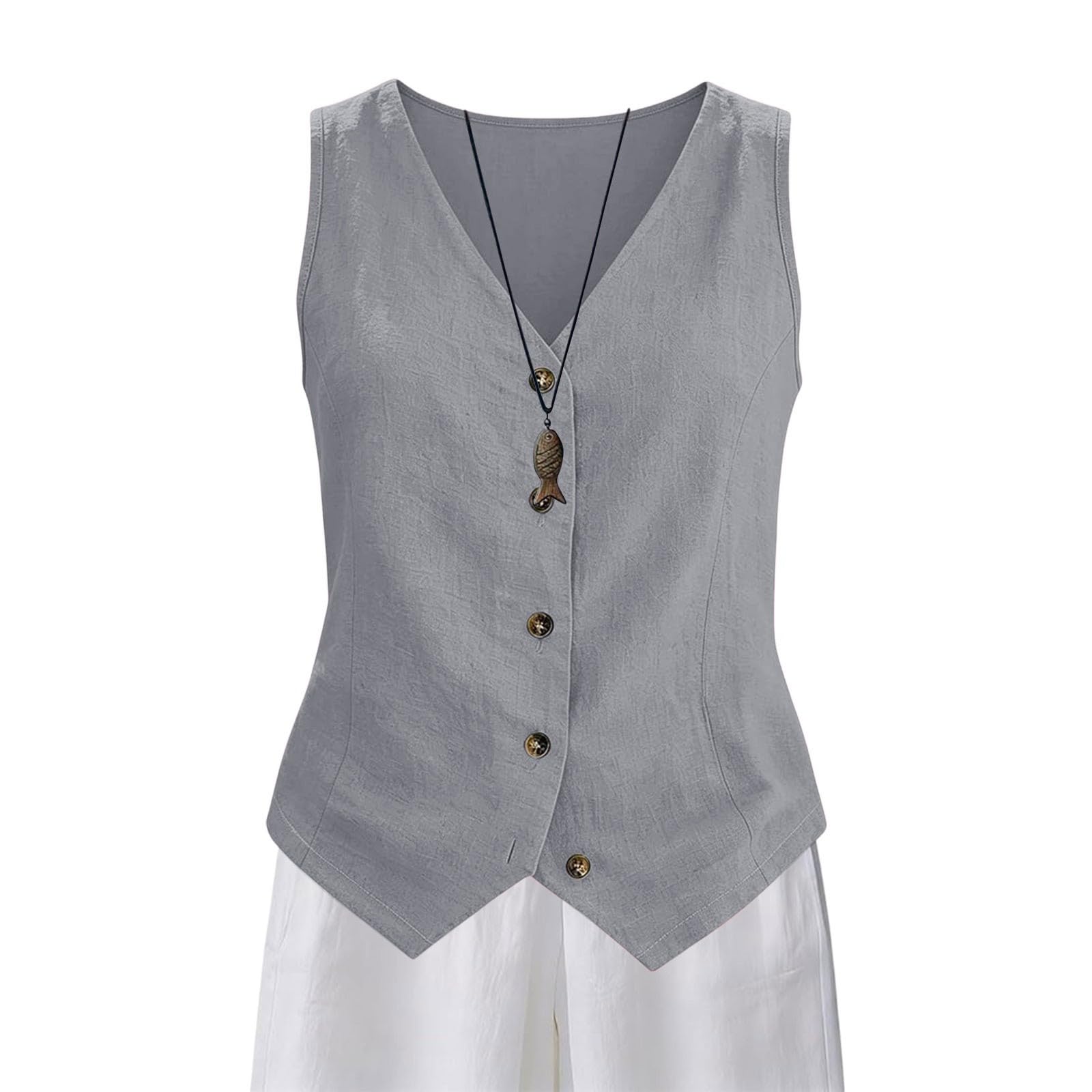 Gilet da Donna Elegante in Lino Cotone Gilet Smanicato con Scollo a V e Bottoni Top Estivo per Ufficio e Vacanza Colori Solidi Abbigliamento per Occasioni Formali Casual Moda Estivo Primavera 2026
