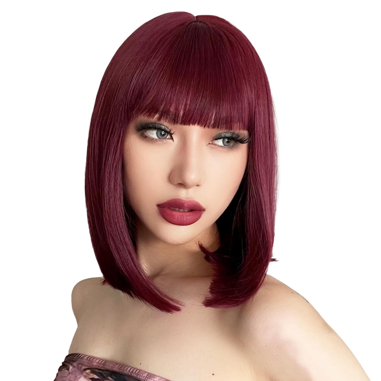 AISI BEAUTY Wine Red Wig with Bangs 12 Inch Short Straight Burgundy Bob Wigs for Women Synthetic Heat Resistant Cosplay Daily Party Wig
